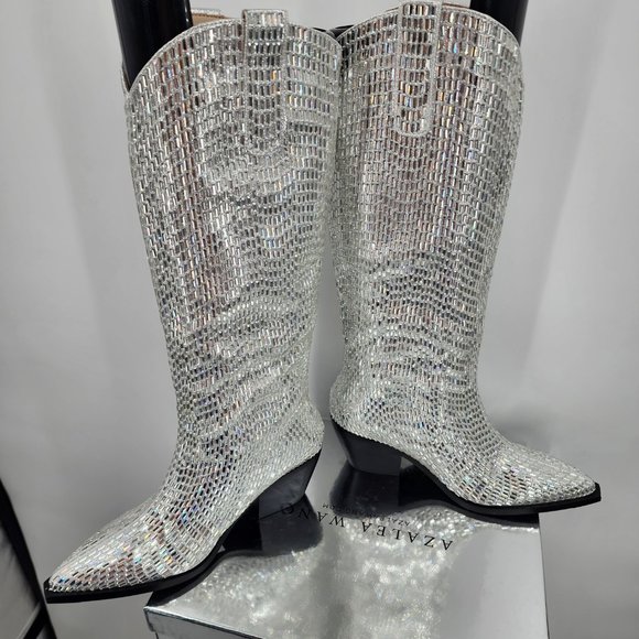 AZALEA WANG Driven Silver Sequin Mirror Tall Western Cowboy Boots 6-10 NWT - Picture 16 of 17